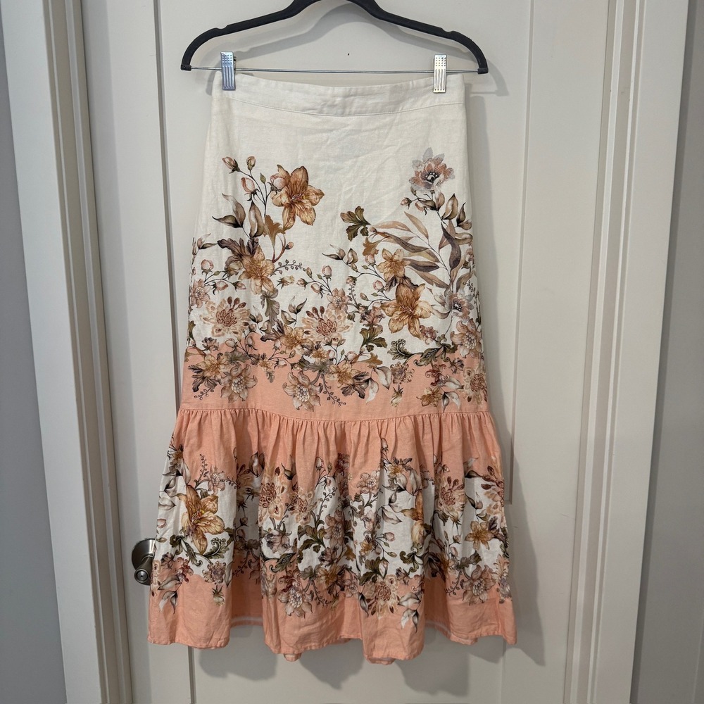 Calypso St Barth Floral Linen Blend Tiered Midi Skirt White Peach Size 4